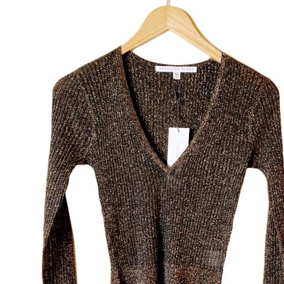 VERONICA BEARD Esmeralda Ribbed Sweater Black Metallic Peplum V-Neck Pullover XS - Picture 10 of 12